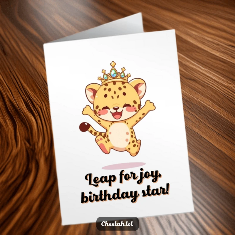 Funny Free Printable Birthday Card: Energetic cheetah cub leaps with a sparkling tiara, celebrating a joyous birthday.