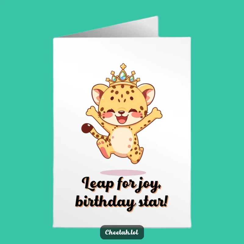 Free Printable Birthday Card: Joyful Cheetah Cub Leap - Funny Downloadable Gift