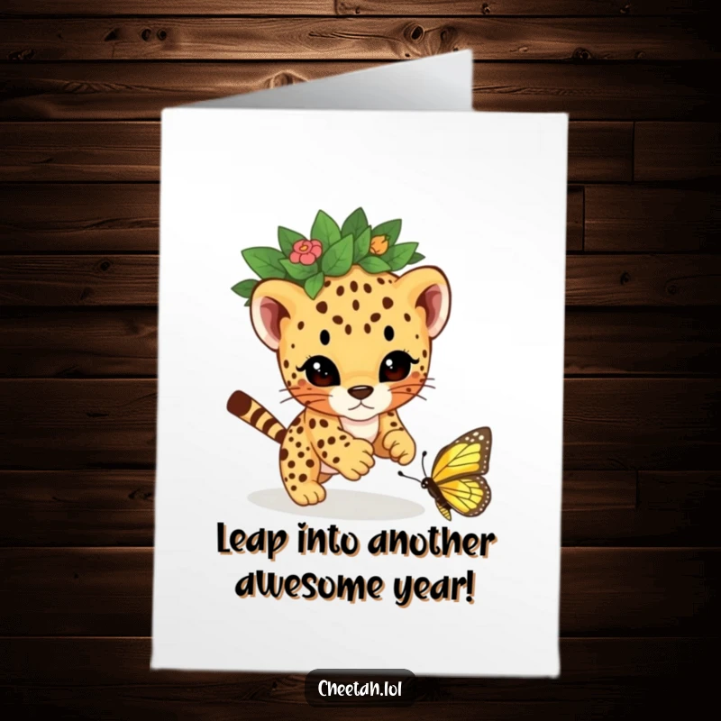 Funny Free Printable Birthday Card: Cheetah cub with leaf crown playfully pouncing on a butterfly, ready for a celebration.
