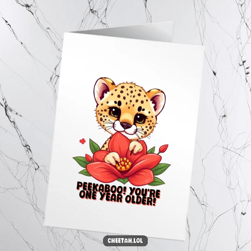 Funny Free Printable Birthday Card: Cheetah cub playfully peeking from behind a vibrant red flower, a sweet surprise for a special day.