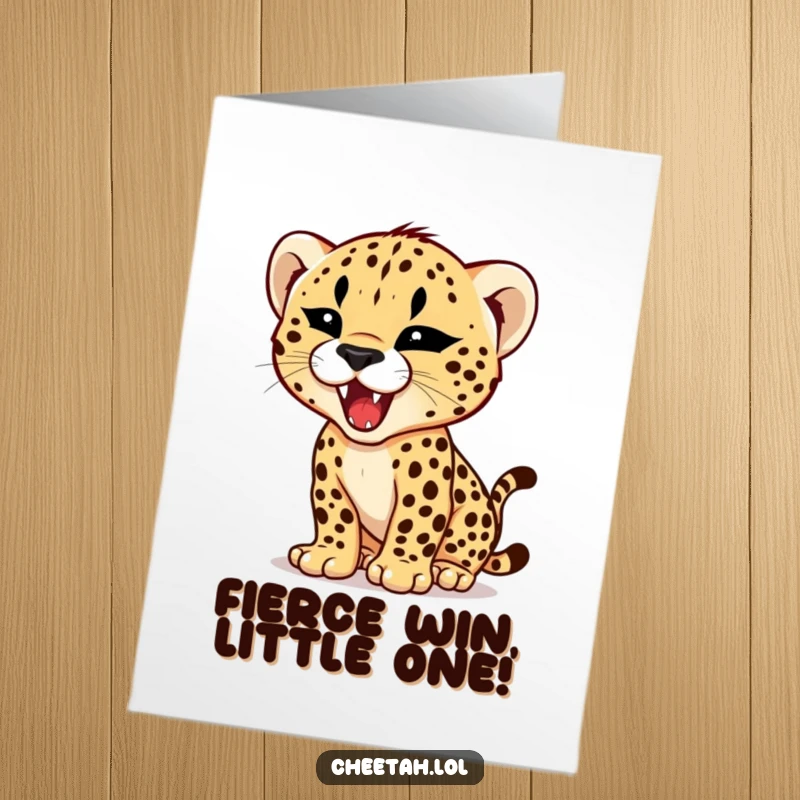Funny Free Printable Congratulations Card: A fierce cheetah cub with a tiny, determined face, practicing its powerful roar of triumph.
