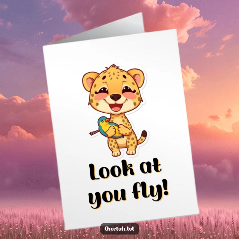 Funny Free Printable Congratulations Card with a cheetah's wide smile and a tiny bird, celebrating success with a roar.