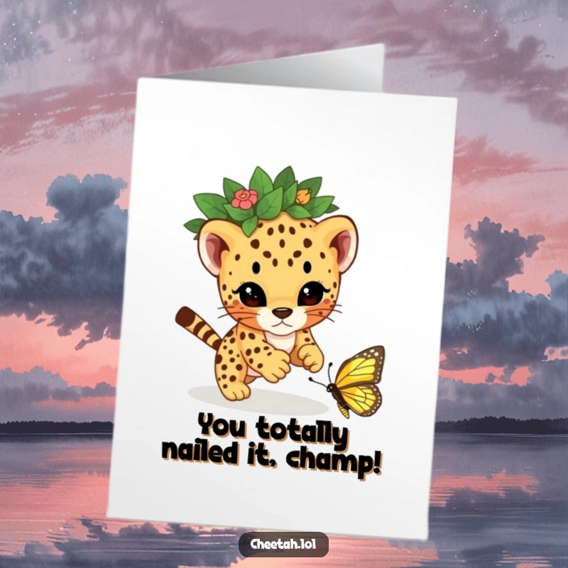 Funny Free Printable Congratulations Card: A cheetah cub with a leaf crown joyfully pouncing on a butterfly, celebrating achievements.