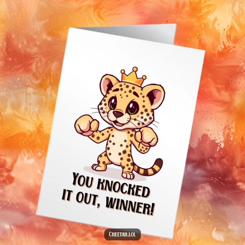 Funny Free Printable Congrats Card: Cheetah with crown in boxing stance, celebrating achievement, downloadable greeting.