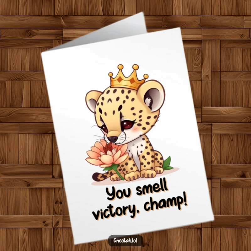 Funny Free Printable Congrats Card: Cheetah cub with a crown curiously sniffs a giant flower, celebrating achievements.