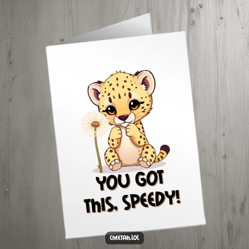 Funny free printable congratulations card depicting a sweet cheetah cub batting at a fluffy dandelion, symbolizing lighthearted victory.