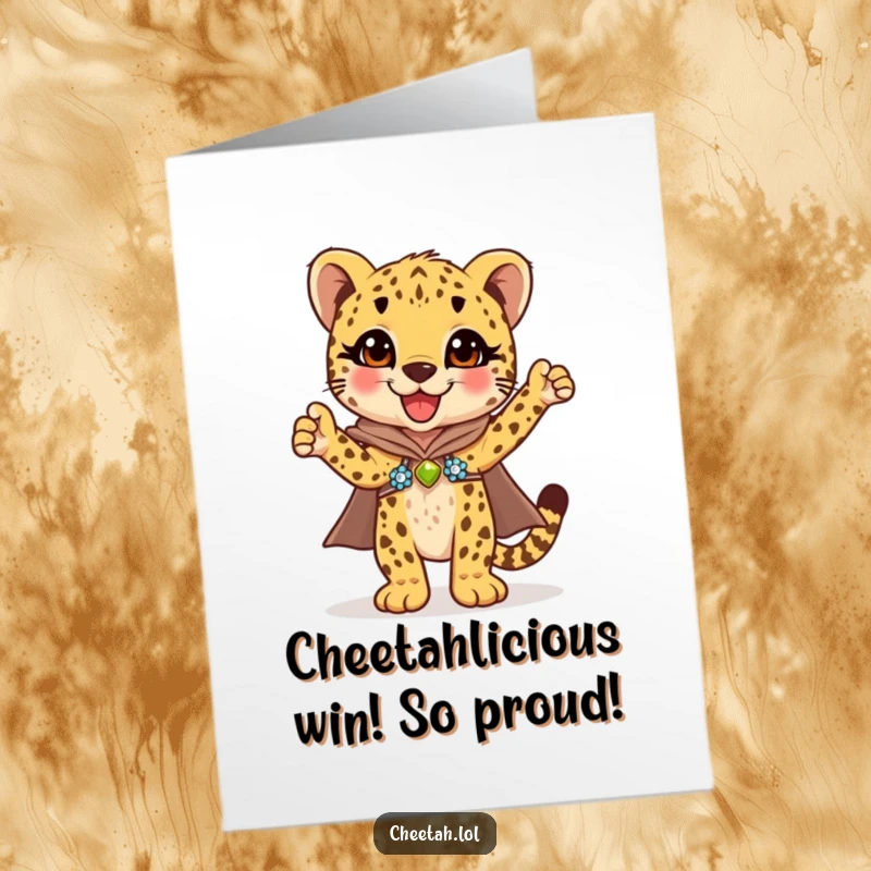 Funny Free Printable Congrats Card: Cheetah cub in a shimmering sequined cape, striking a pose of pure success.