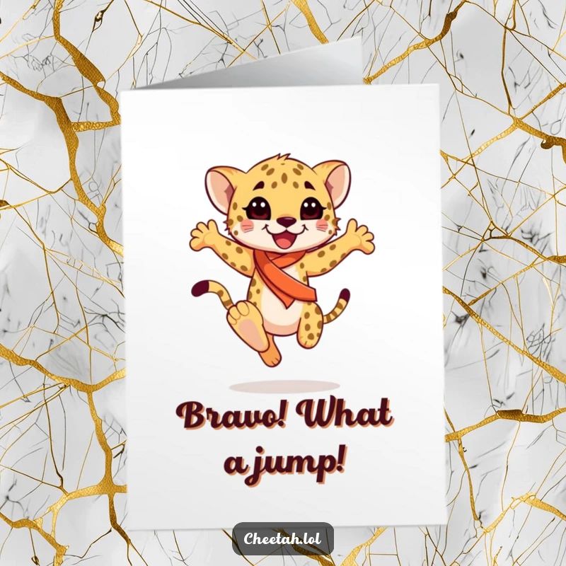 Funny Free Printable Congrats Card: Cheetah cub in a sash leaps gracefully, celebrating a grand accomplishment.
