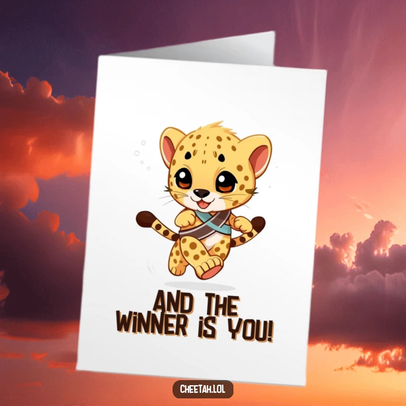 Funny Free Printable Congratulations Card: A cheetah cub wearing a sash races towards the finish line, celebrating victory.