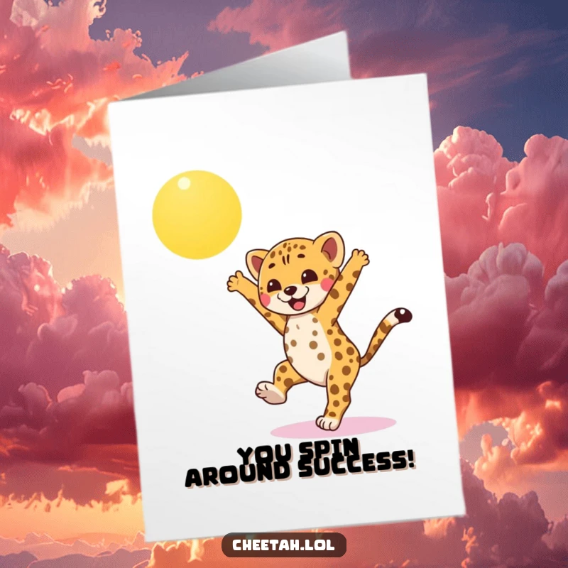Funny Free Printable Congratulations Card: Cheetah cub doing a celebratory cartwheel under a bright, sunny sky.