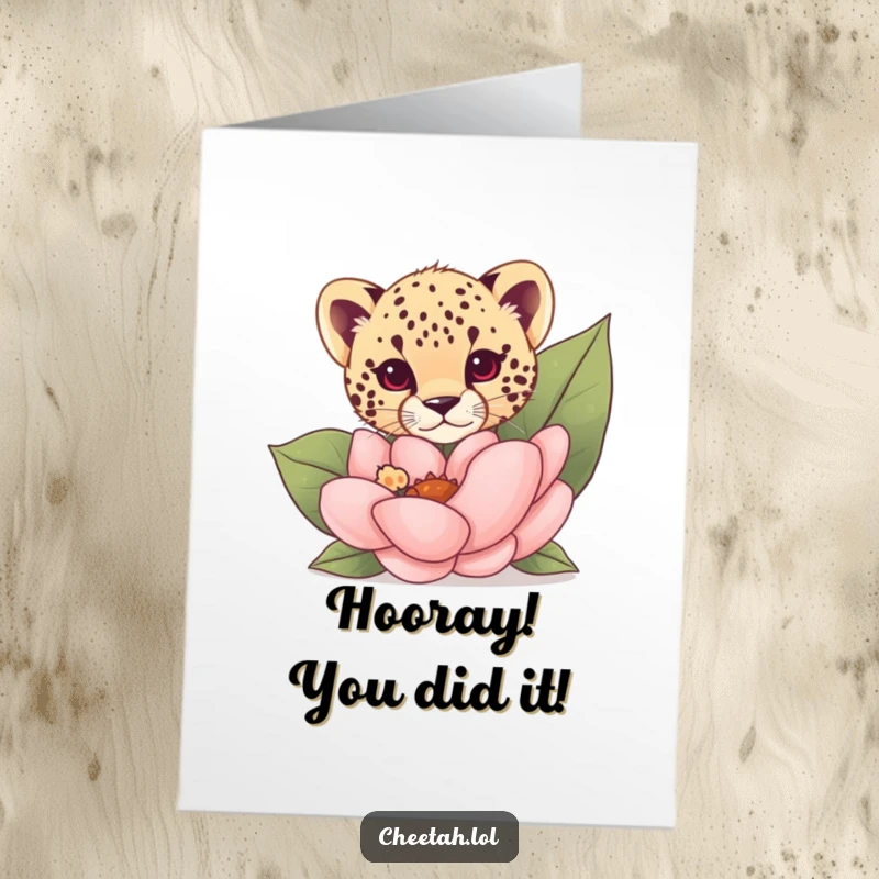 Funny Free Printable Congratulations Card: a cheetah cub joyfully peeks from behind a large, colorful flower.