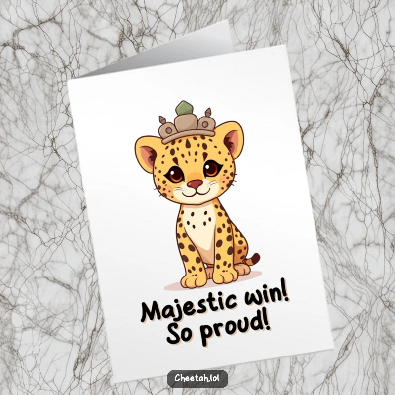 Funny Free Printable Congrats Card: Proud cheetah cub wearing a stone crown, standing tall in a moment of triumph.