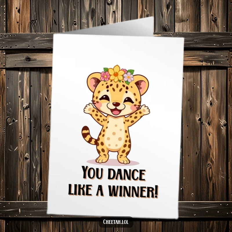 Funny Free Printable Congratulations Card: A cheetah cub wearing a flower crown enthusiastically jigs, celebrating a big win.