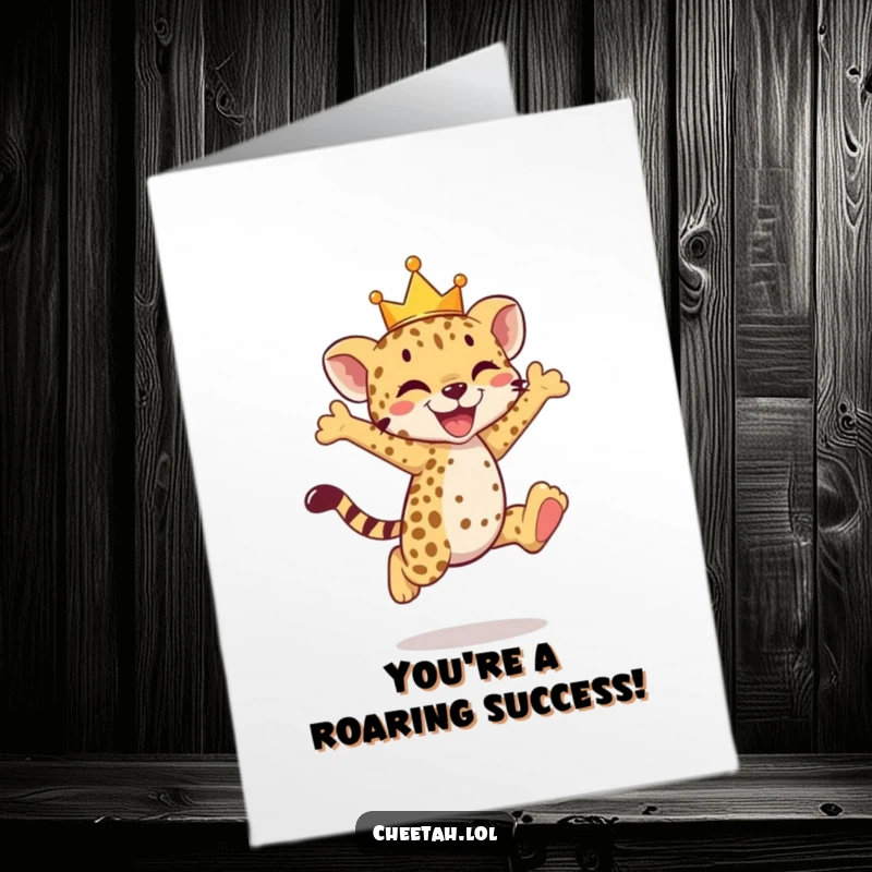 Funny Free Printable Congrats Card: A crowned cheetah cub leaps with pure joy, celebrating an achievement.
