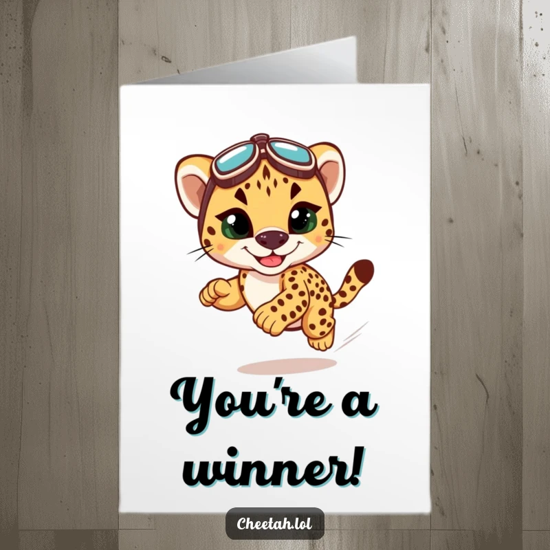 Funny Free Printable Congratulations Card: A cute cheetah cub in racing goggles, grinning as it speeds towards a triumphant finish line.