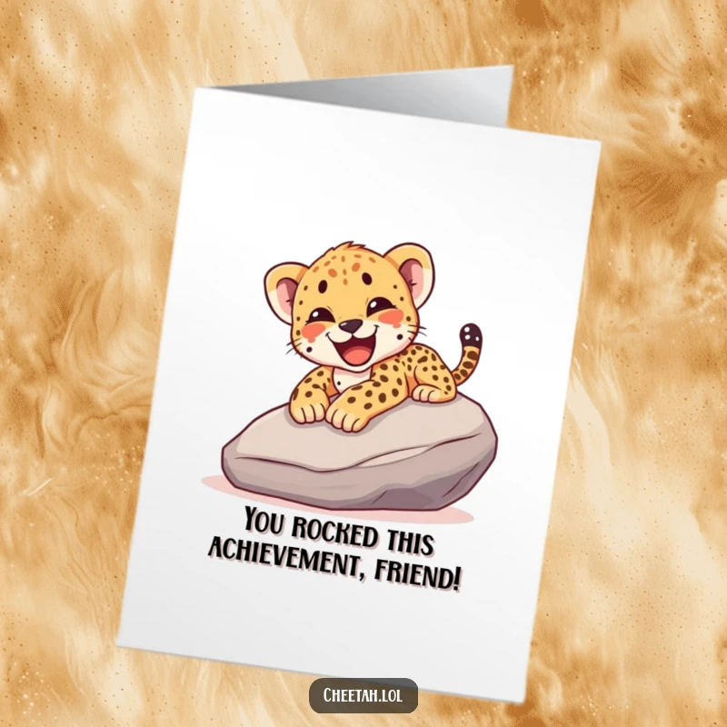 Funny Free Printable Congratulations Card: Cheetah cub's happy yelp as it slides down a rock, celebrating a well-deserved win.