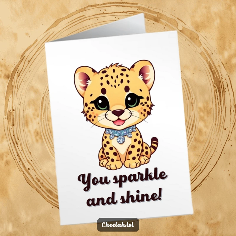 Funny Free Printable Congratulations Card: a cheetah cub with a playful smirk wears a shiny, glittery collar.