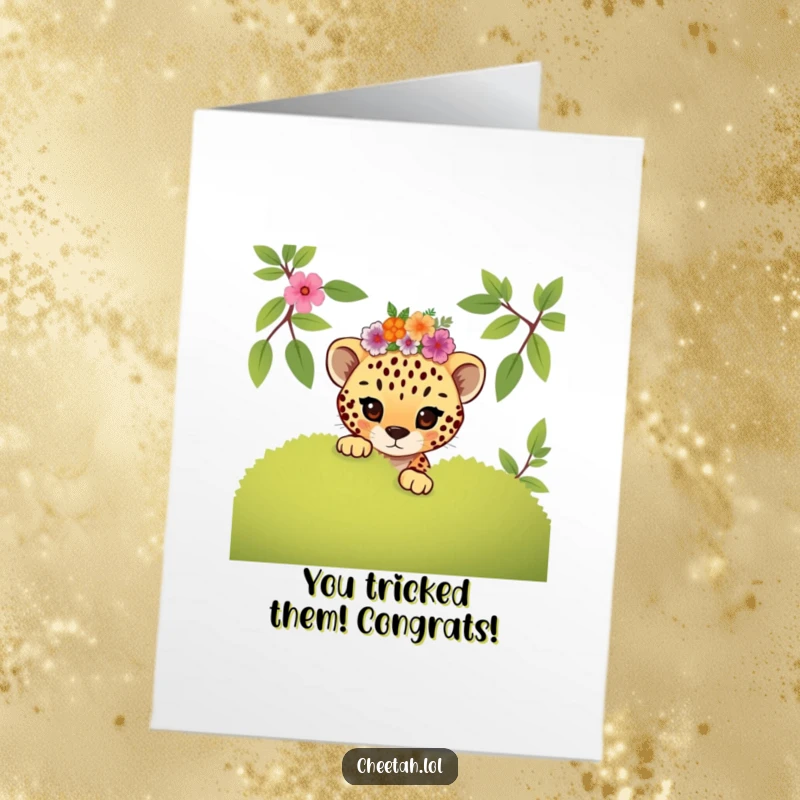 Funny Free Printable Congrats Card: Mischievous cheetah cub in a floral crown, peeking mischievously from behind a bush.