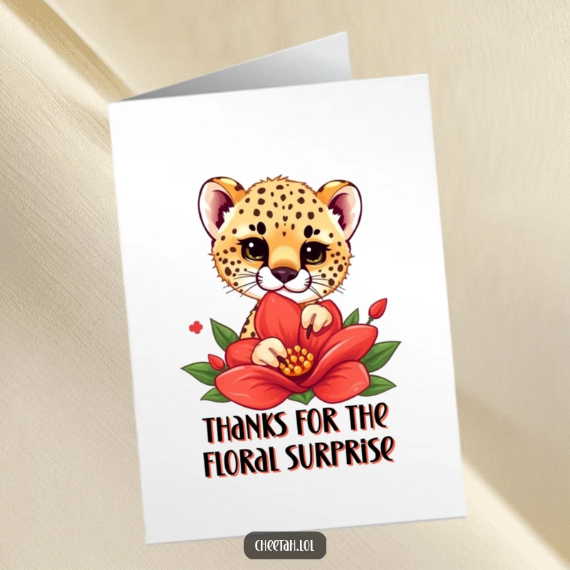 Funny Free Printable Thank You Card: Cheetah cub curiously peeking from behind a bright red flower, a sweet gesture of thanks.