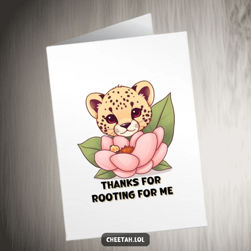 Funny Free Printable Thank You Card: a cheetah cub peeks shyly from behind a gigantic, beautiful flower.