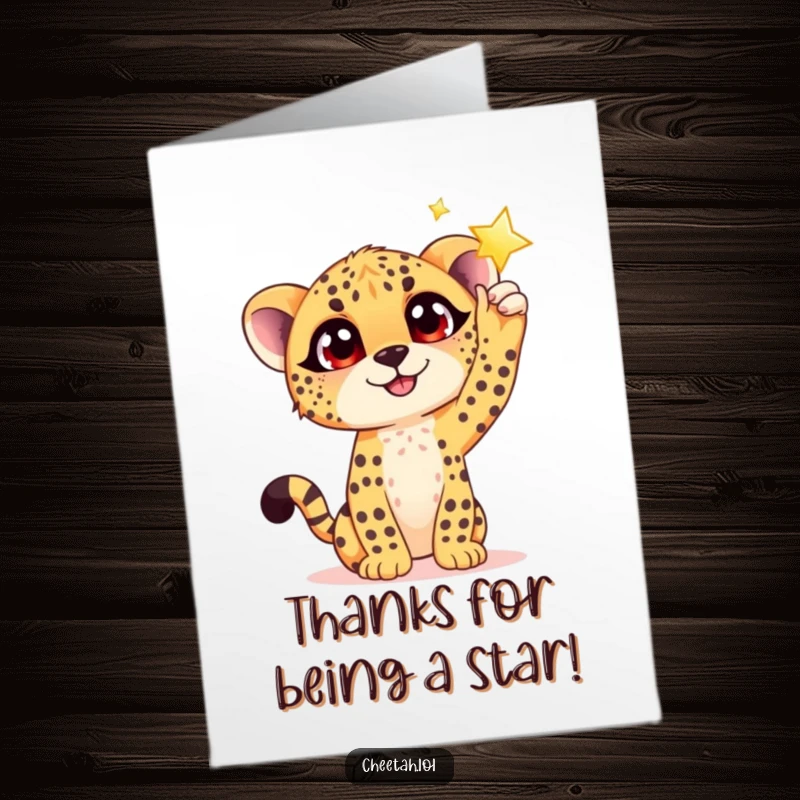 Funny Free Printable Thank You Card: A cheetah cub with large, delighted eyes reaching for a distant, twinkling star.