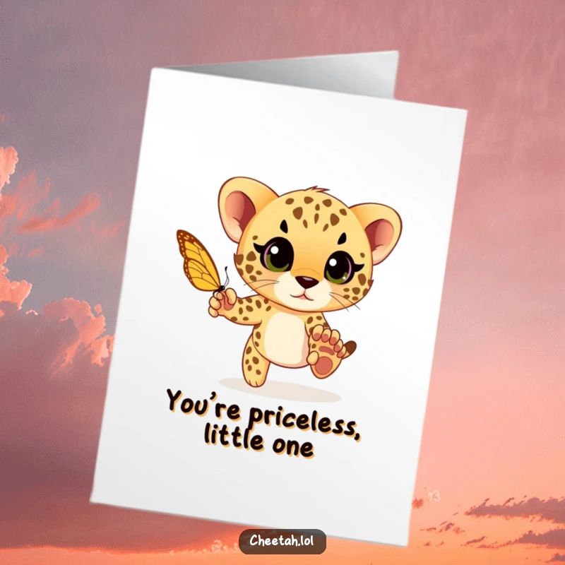 Funny Free Printable Thank You Card: A cheetah cub with wide eyes playfully chases a butterfly, sending thanks.