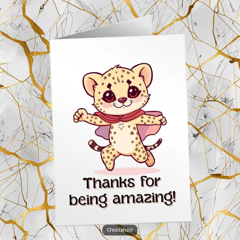 Funny Free Printable Thank You Card: Cheetah cub in a sparkly cape, striking a heroic pose to say thank you.