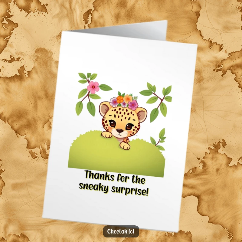 Funny Free Printable Thank You Card: Mischievous cheetah cub in a floral crown peeking playfully, offering thanks.