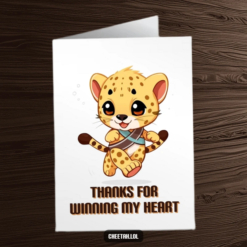 Funny Free Printable Thank You Card: A cheetah cub with a racing sash speeds past, offering thanks.