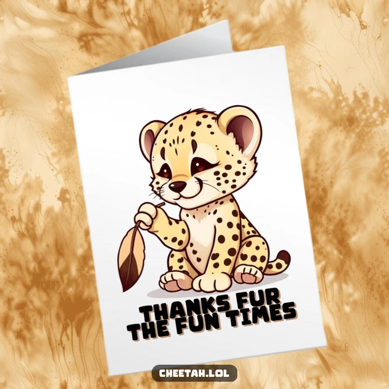 Funny Free Printable Thank You Card: A cheetah cub plays with a dangling feather, batting it in thanks.