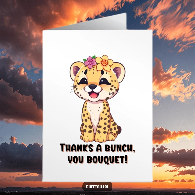 Funny Free Printable Thank You Card: A cute cheetah cub wearing a flower crown askew, caught mid-giggle.