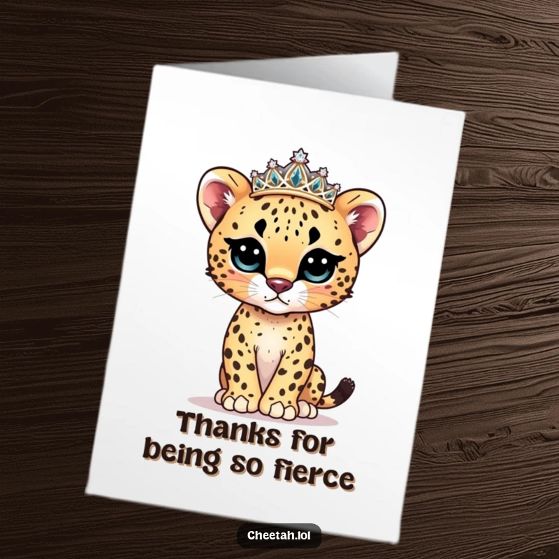 Funny Free Printable Thank You Card of a cute cheetah cub wearing a sparkly tiara and posing gracefully.