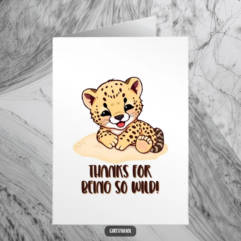 Funny Free Printable Cheetah Cub Thank You Card, Cub Rolling in Sand, Cute Animal Thanks