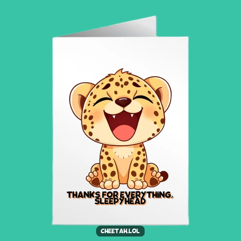 Free Printable Thank You Card: Happy Cheetah Cub Yawn - Downloadable Relaxed Gratitude