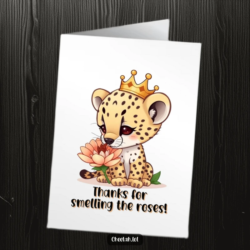 Funny Free Printable Thank You Card: Curious crowned cheetah cub sniffs a giant flower, a sweet thank you.