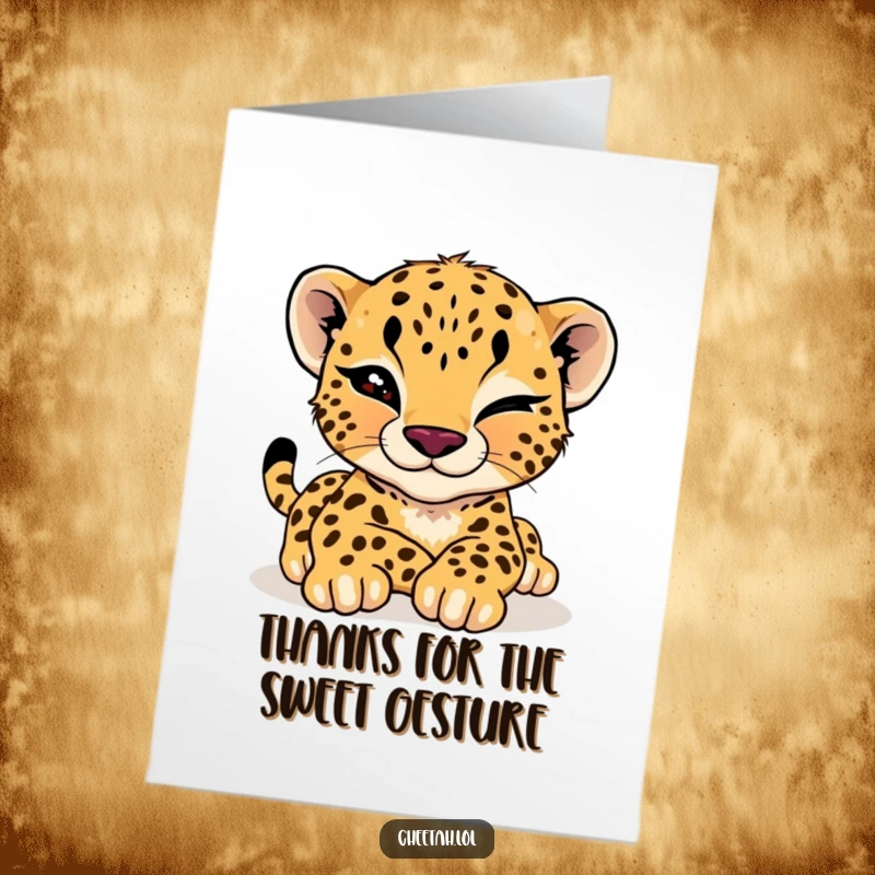 Funny Free Printable Thank You Card: A cheetah cub gives a playful wink while stretching languidly, sending thanks.