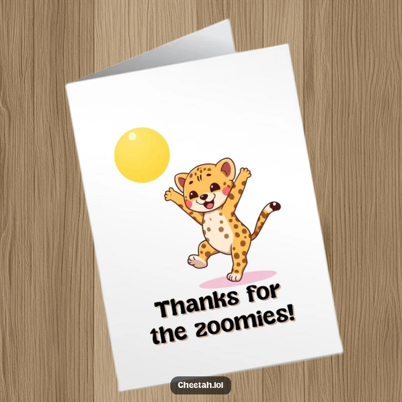 Funny Free Printable Thank You Card: Cheetah cub performing a cartwheel, showing energetic appreciation under the sun.