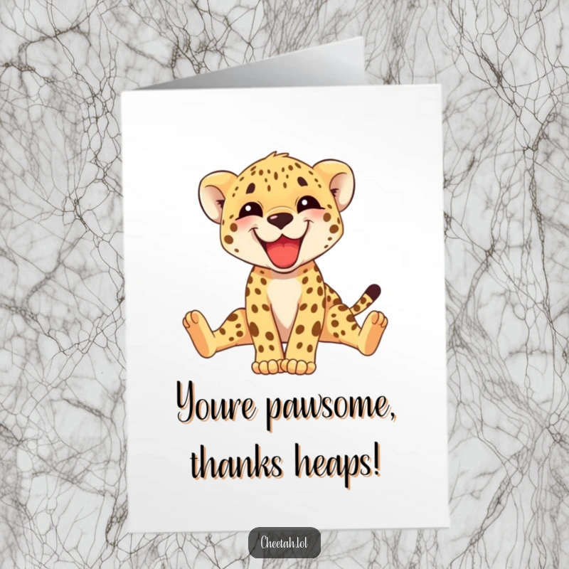 Funny Free Printable Thank You Card featuring a cheerful cheetah cub stretching its long legs as a sign of thanks.