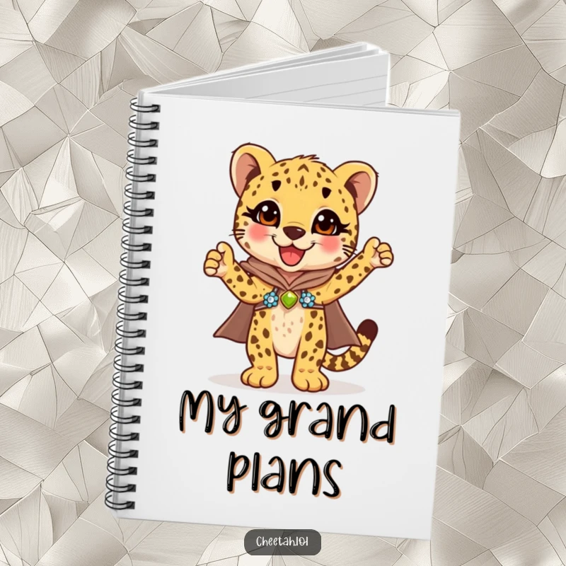 Funny cheetah cub in a shimmering sequined cape striking a pose of triumph, this notebook inspires creativity.
