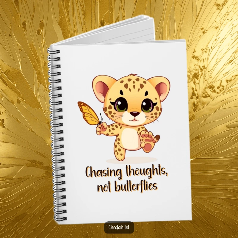Funny cheetah cub playfully chasing a butterfly with wide eyes, a humorous and practical notebook for capturing playful thoughts.