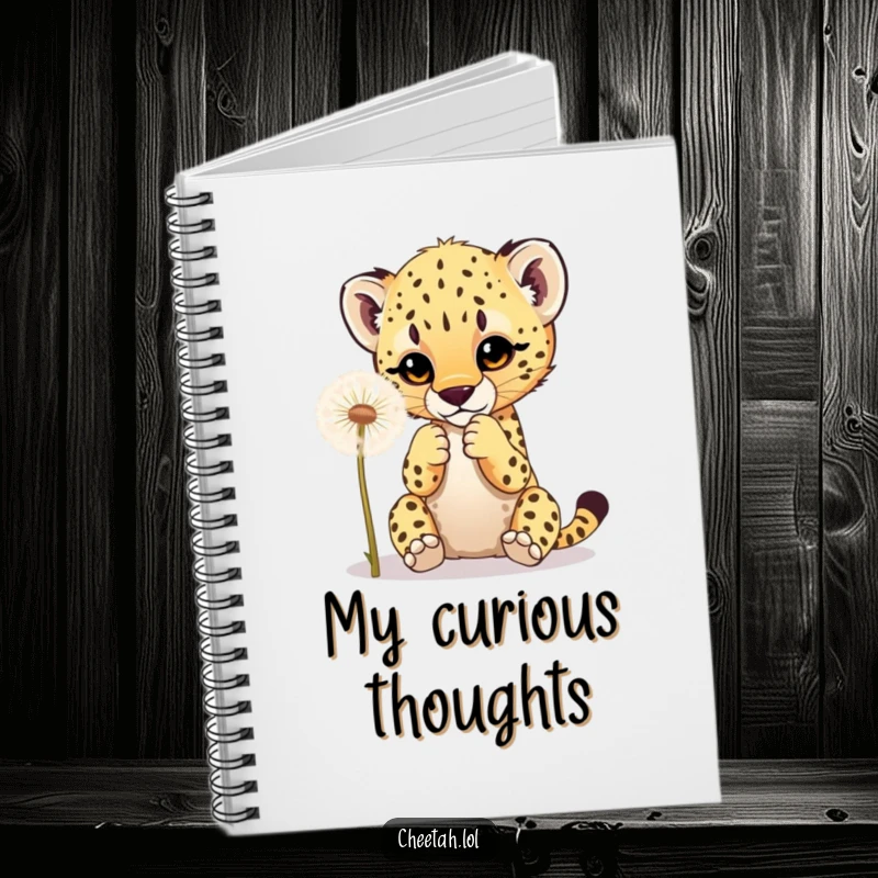 Funny notebook with a cheetah cub playfully batting at a dandelion, encouraging creative and cheerful writing.