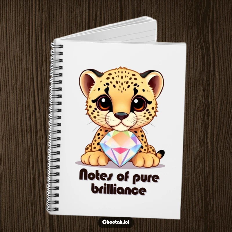 Funny cheetah cub balancing a large, shiny jewel on its nose, on a notebook cover, ready for inspiration.