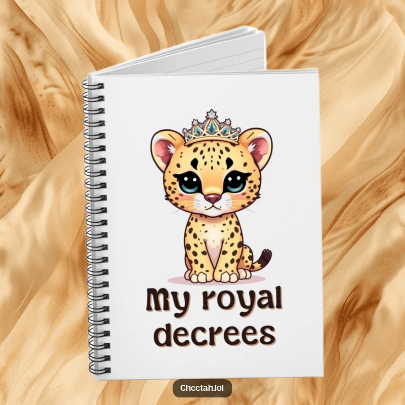Funny cheetah cub model notebook cover with a cute cub wearing a sparkly tiara and posing.