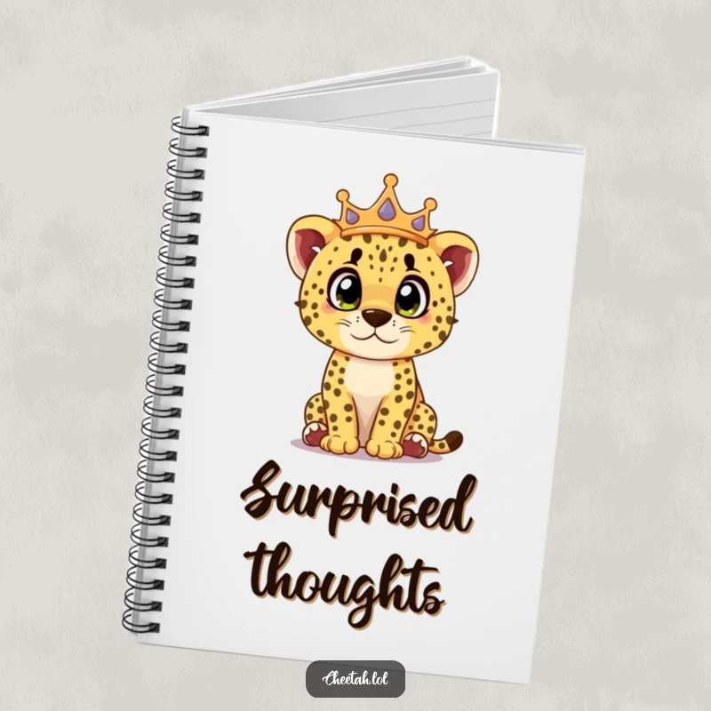 Funny cheetah cub notebook featuring a crowned cub looking surprised with curious eyes, perfect for jotting down curious ideas.