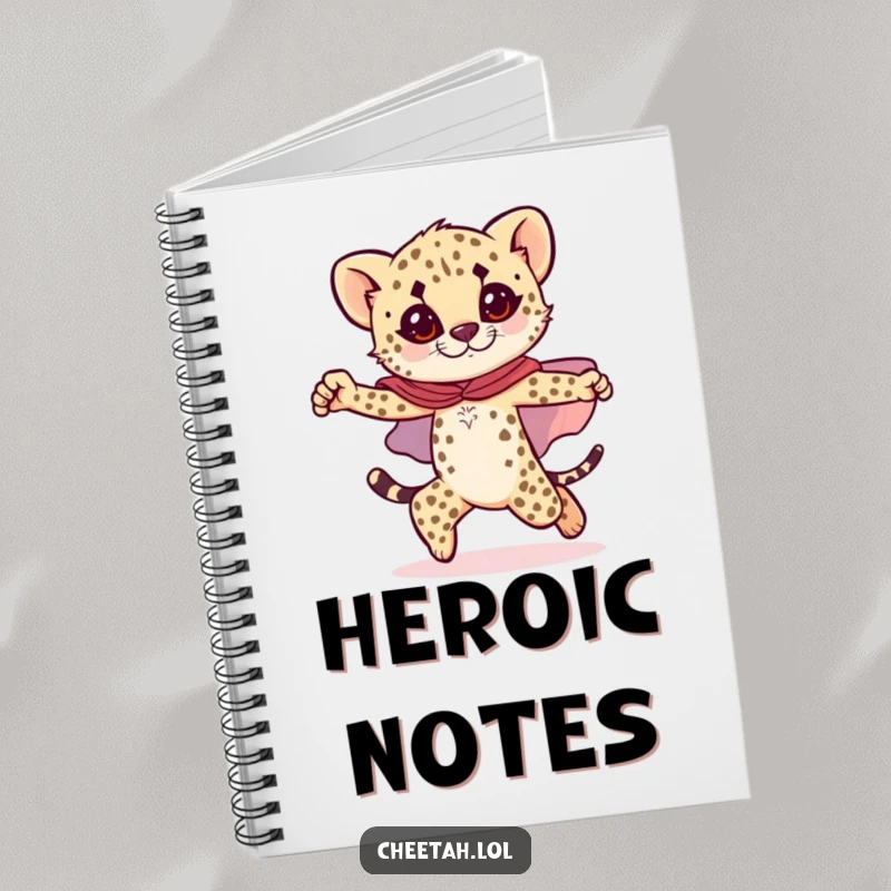 Funny cheetah cub notebook featuring a cub in a sparkly cape, striking a heroic pose, perfect for jotting down bold ideas.