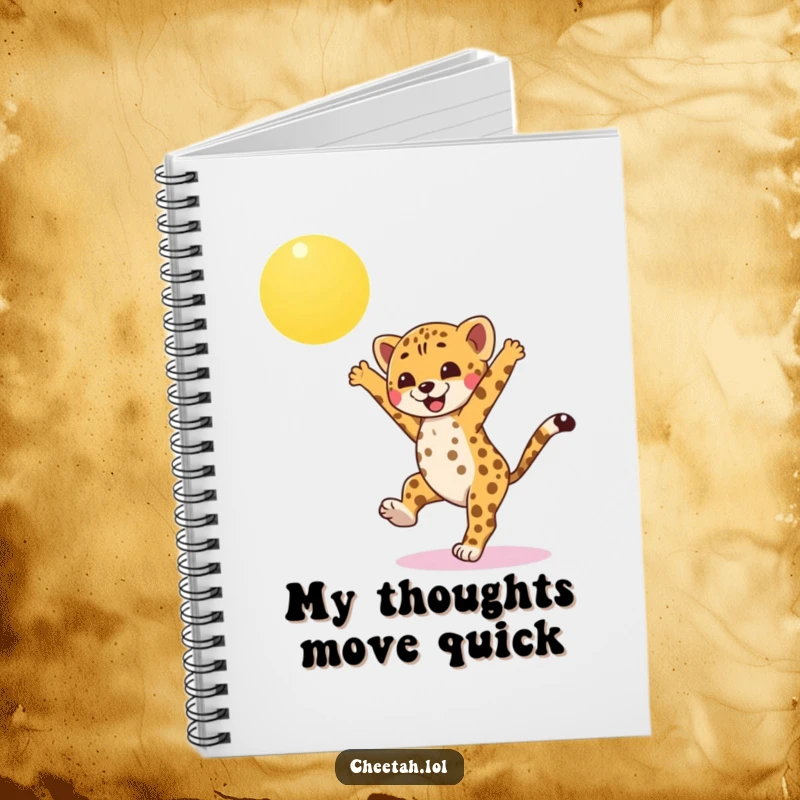 Funny cheetah cub notebook, doing a cartwheel under a bright sun, ready to capture thoughts with energetic and playful flair.