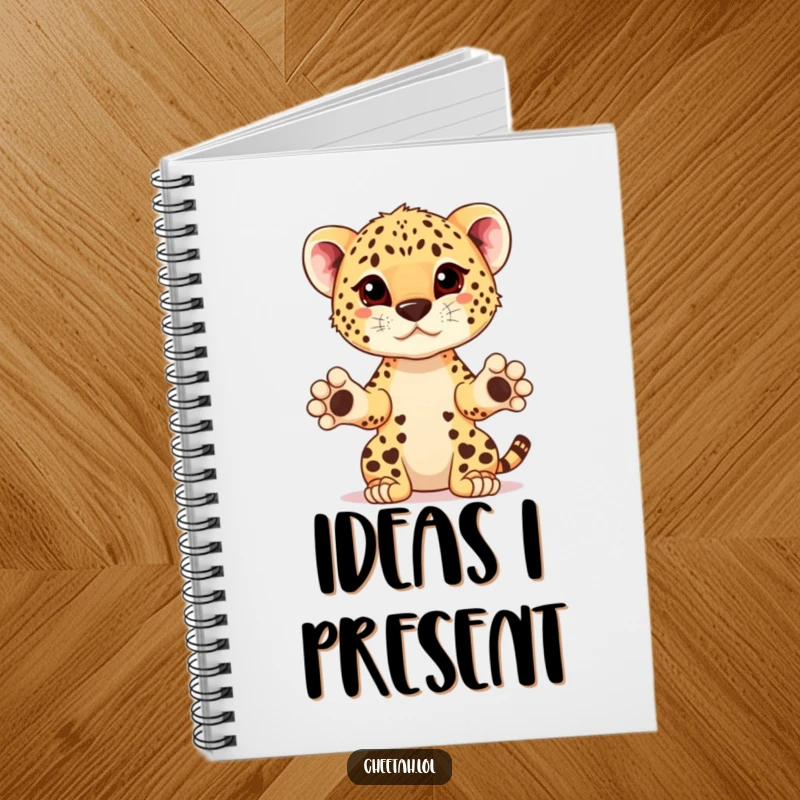 Funny cheetah cub with paws extended, presenting a prize on a notebook, ideal for jotting down achievements.