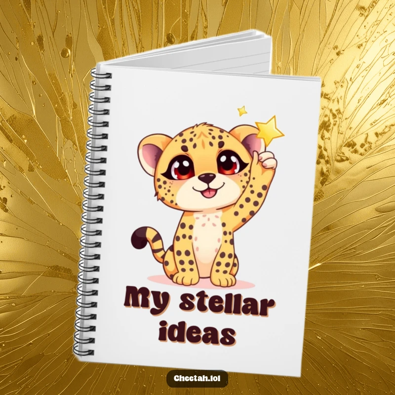 Funny notebook with a hopeful cheetah cub and big eyes reaching for a shimmering star, perfect for notes and dreams.