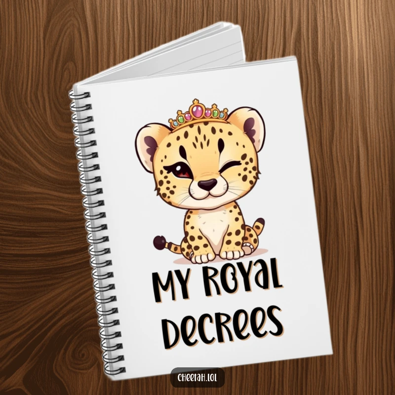 Funny cheetah cub winking, adjusting a tiny tiara, on a notebook cover, ready to capture brilliant thoughts.