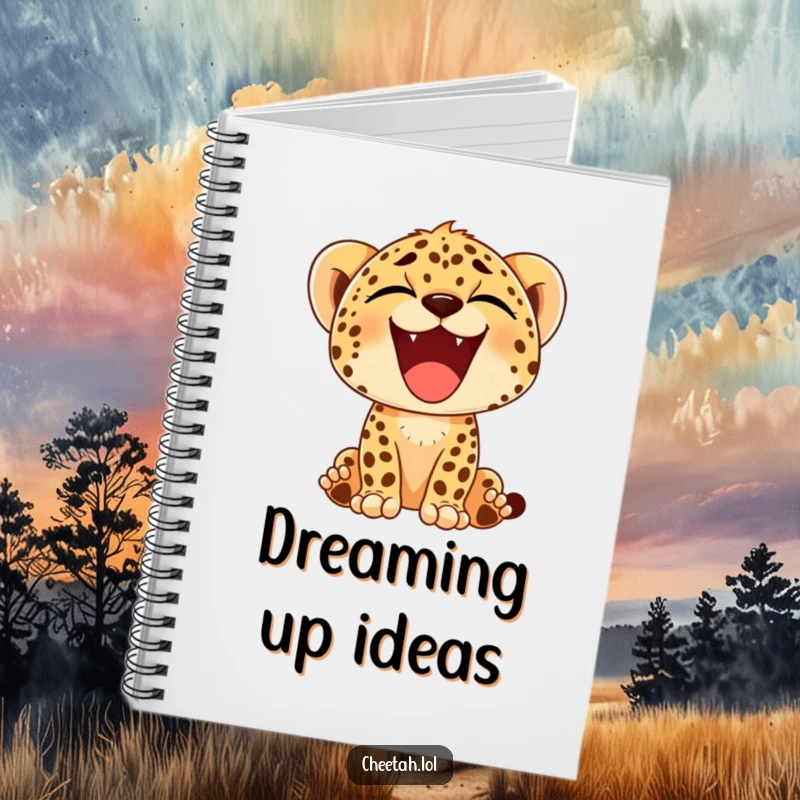 Funny notebook cover with a cheetah cub exhibiting a huge, happy yawn, suitable for jotting down ideas or daily reflections.
